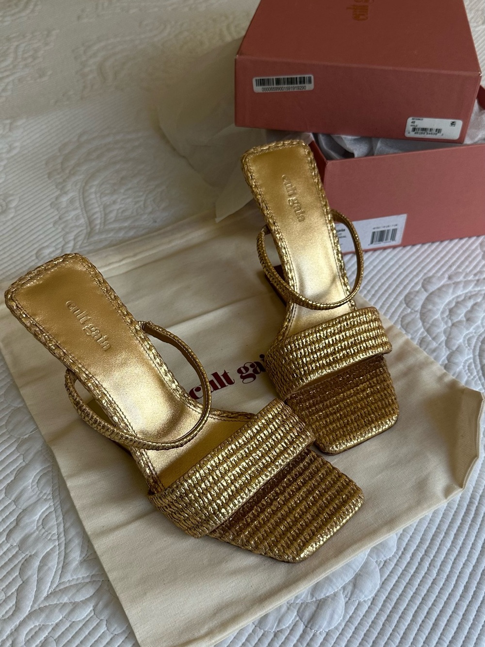 cult gaia Metallic Gold Raffia Square-Toe Heeled Sandals